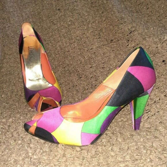 LORIBLU-Color Block-Multi-Color-Satin Heels-Peep-ToeSize 37/6.5-Excellent - Picture 1 of 7